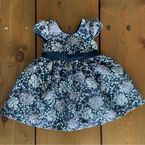 Bonnie Jean 2T Navy, Pink, White Floral Brocade Dress Waist Ribbon & Back Bows